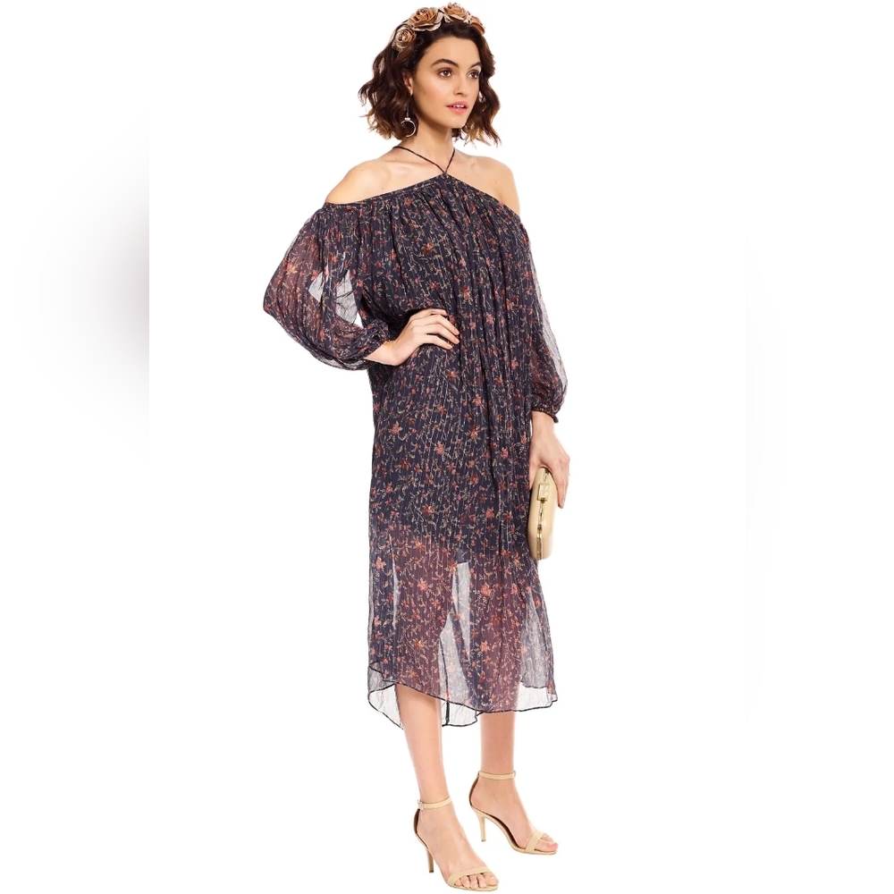 Zimmermann Havoc Suspend Silk Midi Dress Halterneck Off Shoulder Navy Sz 2/US 8